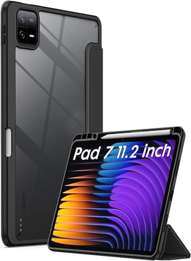 Robustrion Cover for Xiaomi Pad 7 Cover Case 11.2 inch, Hybrid Flip Case Cover with [Transparent Back] and [Pencil Holder] for Xiaomi Mi Pad 7 11.2 inch Cover [Support Auto Sleep Wake] - Black